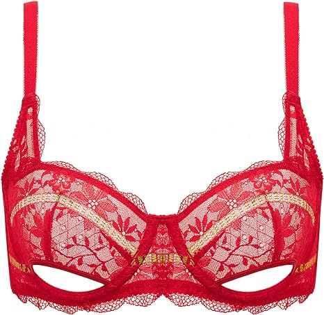 Photo 1 of Deyllo Women's Balconette Bra Sexy Shimmer Lace Underwire Bras Unlined 1/2 Cup Sheer Bralette- 36DDD Red
