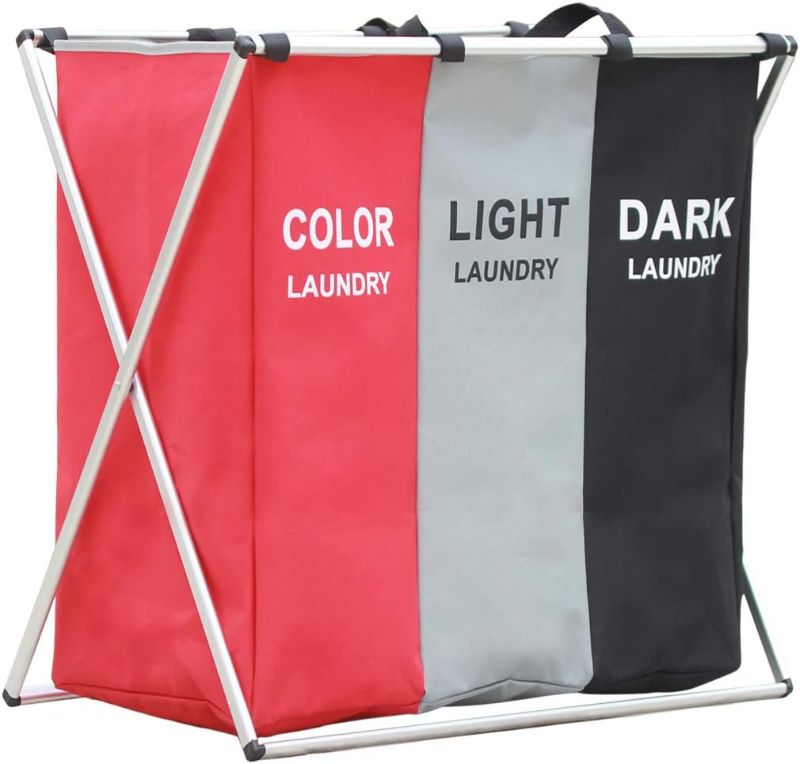Photo 1 of 135L Laundry Basket Sorter Cart Dirty Cloth 3 Section Hamper Bag Organizer 24'' × 14'' x 23'' (Red)