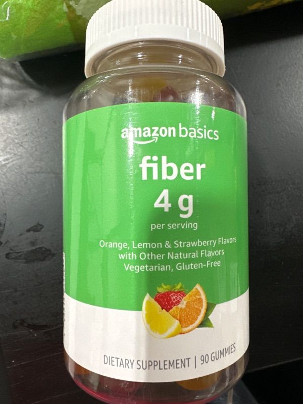 Photo 2 of Amazon Basics (previously Solimo) Fiber 4g Gummies, Digestive Health, Supports Regularity, Orange, Lemon & Strawberry Flavors, 90 Count EXP. 12/24