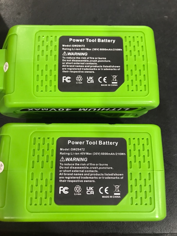 Photo 3 of 2 Pack 29472 6000mAh 40V Lithium Battery Replacement for GreenWorks 40V 29472 29462 2901319 24282 24252 21332 25322 20672 2101602 20312 24322 21362 26272 Batteries for Cordless Power Tools