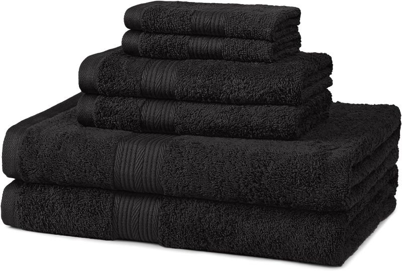 Photo 1 of Amazon Basics 6-Piece Fade Resistant Bath towel, Hand and Washcloth Set -Cotton, Black, 14.25" x 10.85" in
