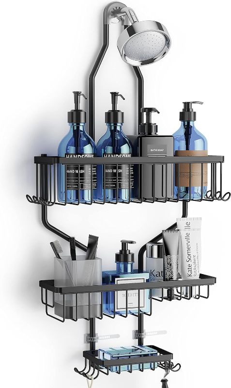 Photo 1 of YASONIC Shower Caddy Over Shower Head, Hanging Shower Caddy with Soap Holder, Rustproof Stainless Steel Hanging Shower Organizer for Bathroom, Shower Storage Rack with 10 Hooks for Razor, Black