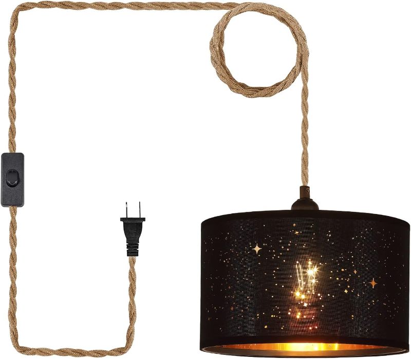 Photo 1 of AMZASA Plug in Pendant Light,Hanging Lamp with 14.8 FT Hemp Rope Cord,On/Off Switch Black Drum Fabric Sparkling Star Effect Lampshape Light Fixture for Bedroom Living Room Dining Table 