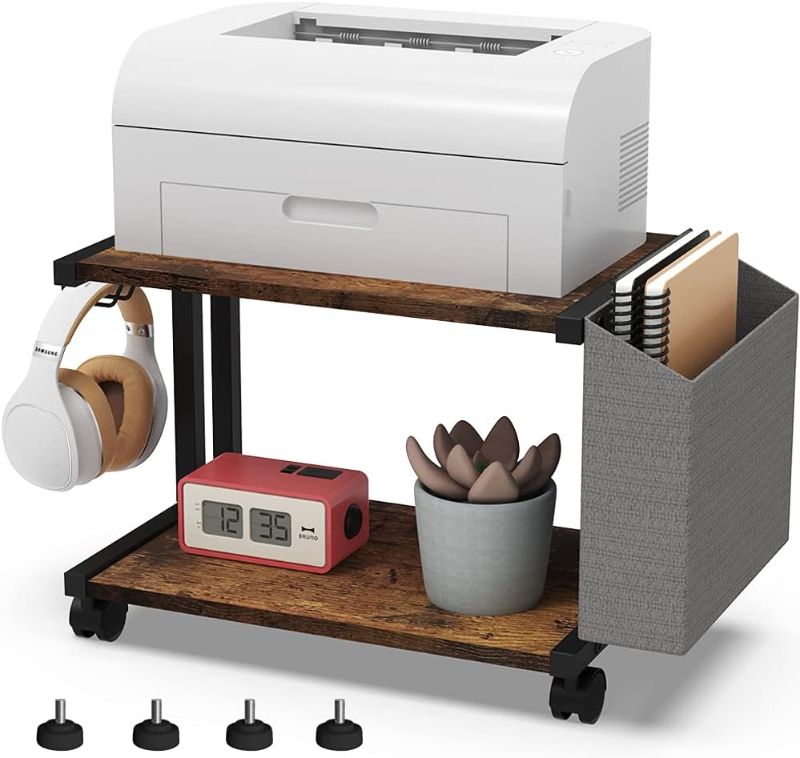 Photo 1 of VEDECASA 2 Tier Rustic Brown Wooden Under Desk Printer Stand with Storage Bag for Home Office Desktop Printer Table Organizer Mobile Printer Shelf Cart with Caster Wheel 