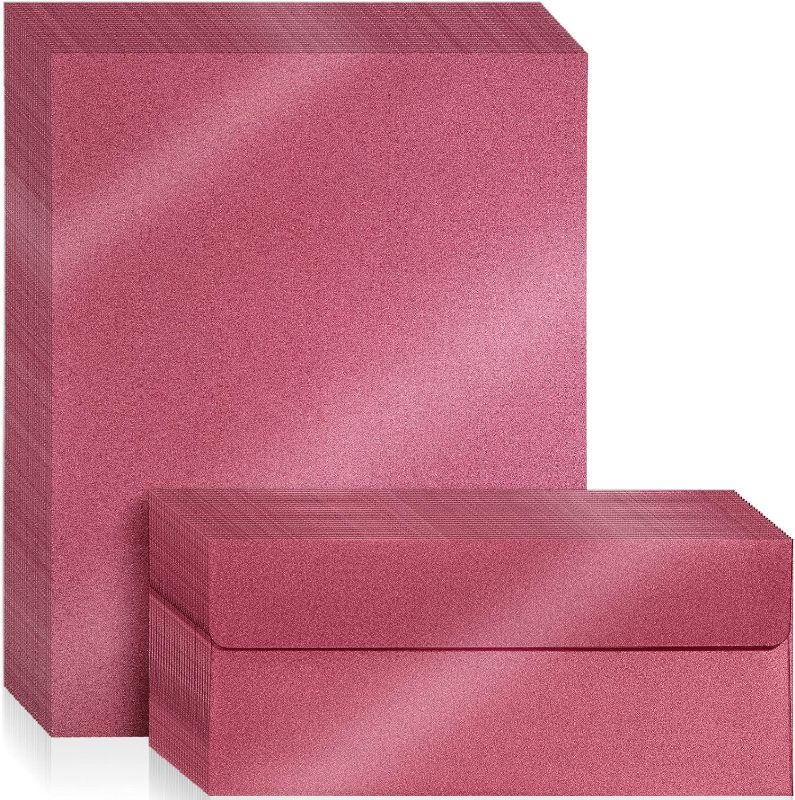 Photo 1 of Taobary 100 Sets 4 1/8 x 9 1/2 Square Flap Envelope with Metallic Shimmer Paper 8.5 x 11 Letter Size Double Sided Printable Metallic Paper Envelope for Invitations Wedding Corporate (Pink) 