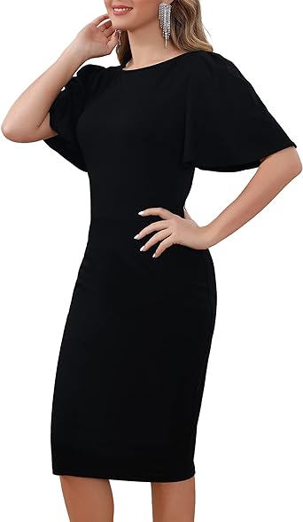 Photo 1 of Aphratti Women's Ruffle Short Sleeve Bodycon Midi Dresses Elegant Fitted Sheath Dress XXL