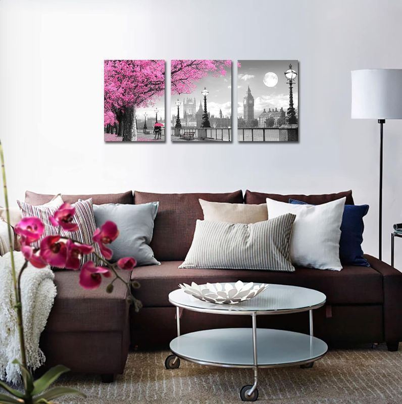 Photo 1 of KLAKLA Black and White Modern City - Romantic Pink Trees and Lovers Wall Art Set of 3 - Perfect for Bedroom or Bathroom Wall Decor
