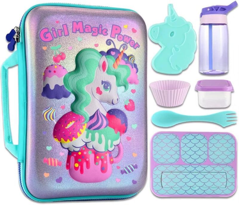 Photo 1 of BDBKYWY Unicorn Lunch Box Lunch Bag Set - Insulated Lunch Bag with 4 Compartment Bento Box Ice Pack Water Bottle Silicon Cap Spoon Salad Container for Lunch Kid's School Supplies Ideal for Age 7-15 