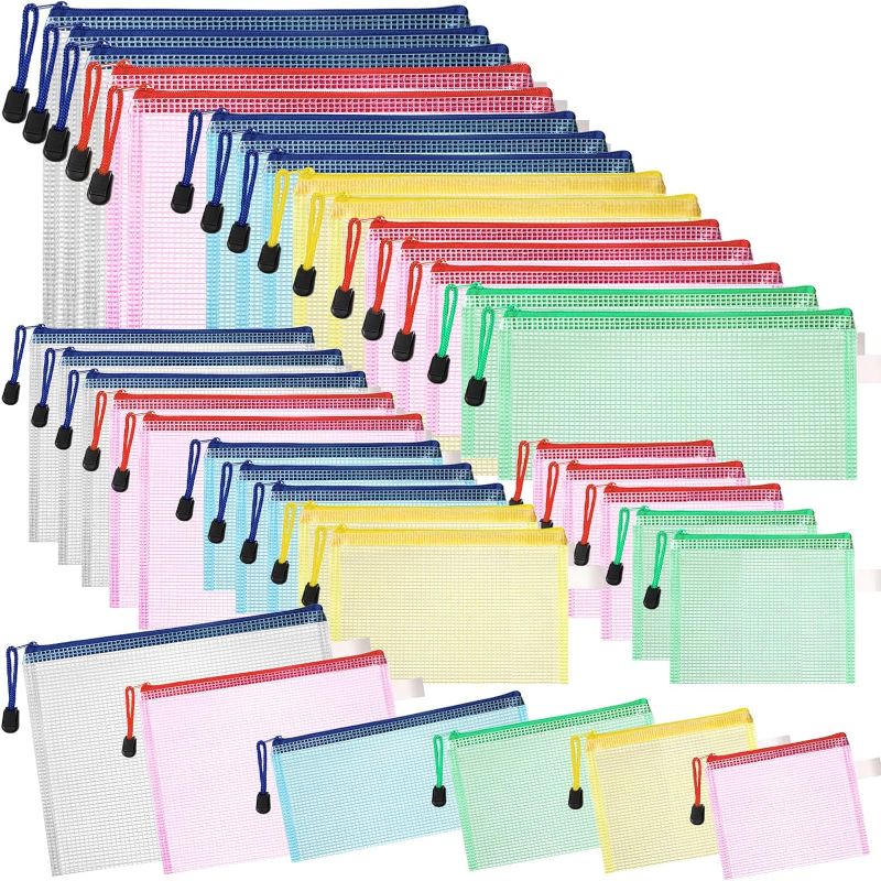 Photo 1 of 100 Pcs Mesh Zipper Pouch 6 Sizes Waterproof Plastic Water Resistant Storage Bags Multipurpose Travel Document Organizer for Cosmetics Storage Office Home School Supplies, 5 Colors