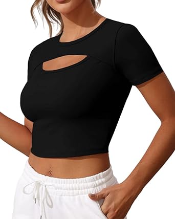 Photo 1 of Aurgelmir Women's Short Sleeve Yoga Tops Cropped Athletic Shirts Tight Fit Cut-Outs Yoga Activewear for Women XLarge