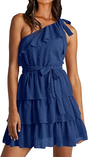 Photo 1 of BTFBM Women 2023 Summer Tie One Shoulder Dress Swiss Dot Boho High Waist Ruffle Tiered A Line Mini Flowy Beach Dresses Large 