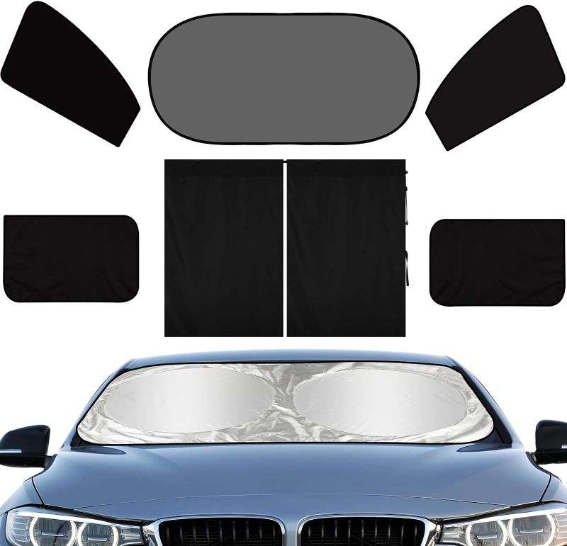 Photo 1 of 7 Pieces UV Protection Car Window Shades Set, Includes Windshield Shade Sun Visor Car Divider Curtain Sun Shade, 4 Front Rear Magnetic Side Auto Sunshade Cling Sunshade, ?with Suction Cups for Baby 