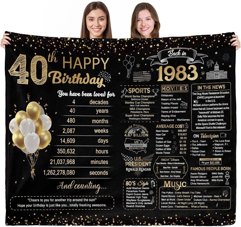 Photo 1 of Yomaisky 40th Birthday Gifts for Women Men 1983 40th Birthday Blanket Gift for Wife Husband Girlfriend Boyfriend 40 Year Old Birthday Gift Idea for Women 40th Birthday Decorations Blanket 60x50Inch 