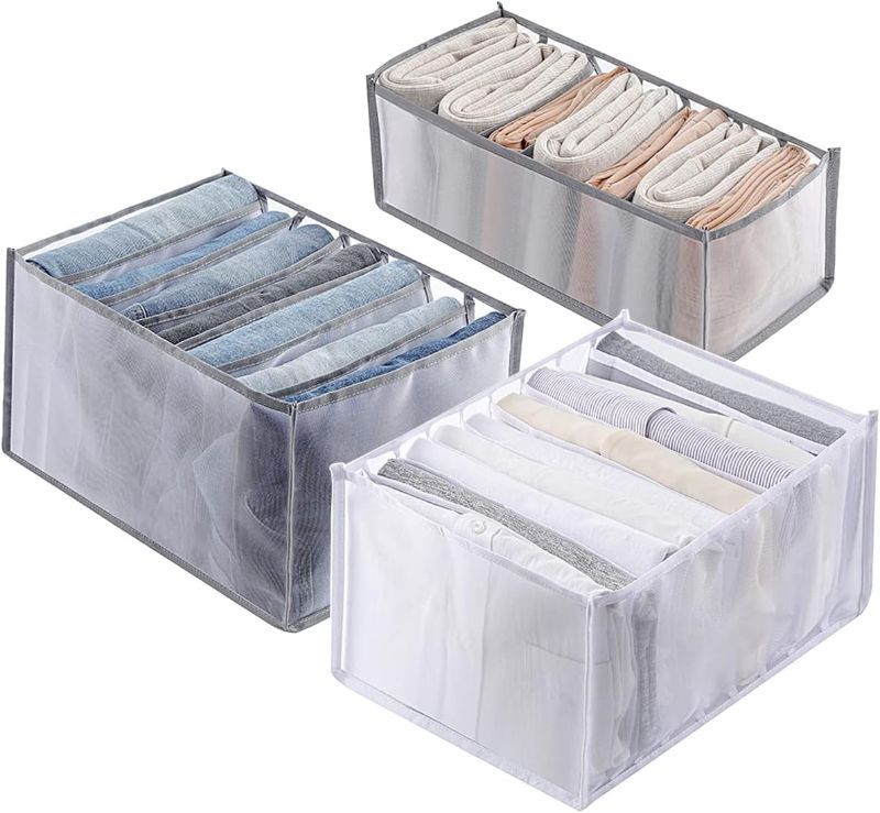 Photo 1 of 3Pcs Wardrobe Clothes Organizer, 7/7/9 Grids Visible Foldable Closet Organizers, Compartment Storage Box with Mesh Separation, Washable Drawer Dividers Organizers (Large + 2 Medium)