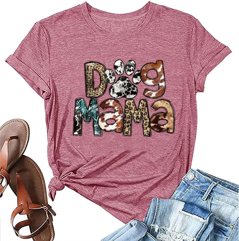 Photo 1 of Funny Letter Print Shirt for Women Leopard Dog Paw Graphic Tees Dog Lovers Shirts Casual Short Sleeve Dog Mama Tops (Small, Pink) 