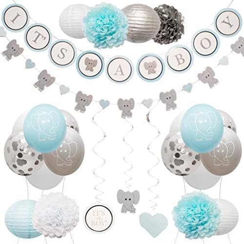 Photo 1 of Elephant Baby Shower Decorations for Boy - Baby Shower Backdrop with Balloons, Its a Boy Banner, Paper Hanging Decorations and More Party Decor/Gender Reveal Decorations (Gray) 