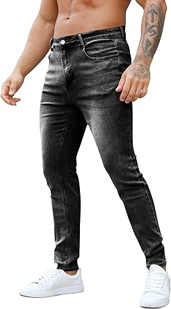 Photo 1 of Karlywindow Mens Skinny Slim Fit Jeans Stretch Ripped Tapered Leg Denim Pants Size 32