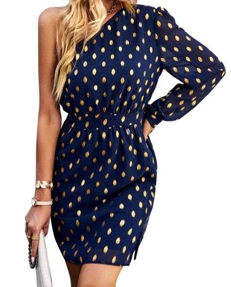 Photo 1 of ZXZY Women Gold Stamping Dots Oblique Shoulder Long Sleeve Elastic Waist Split Hem Dress Medium
