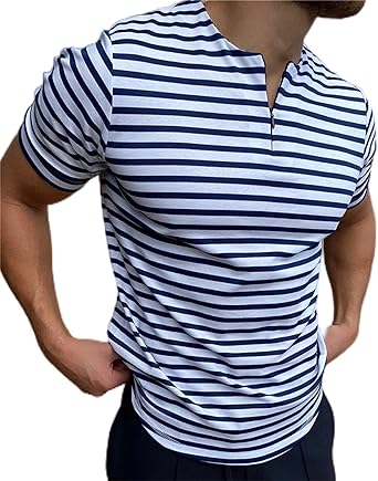 Photo 1 of Beotyshow Mens Striped T Shirt Zipper Cotton Short Sleeve Slim Fit Shirts Casual Muscle T-Shirt XLarge 