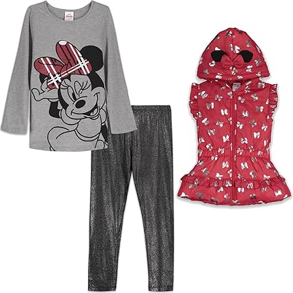 Photo 1 of Disney Minnie Mouse Zip Up Vest Puffer Graphic T-Shirt and Leggings 3 Piece Outfit Set Size 4