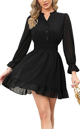 Photo 1 of EXLURA Womens Button Down V Neck Dress Long Puff Sleeve Mini Party Dress Ruffle A-Line Cocktail Dresses Small