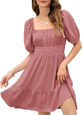 Photo 1 of Haloumoning Women's Summer Square Neck Puff Sleeve Ruffle Tie Back A Line Mini Dresses XLarge 