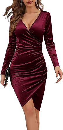 Photo 1 of GUBERRY Womens Wrap V Neck Long Sleeve Velvet Bodycon Ruched Cocktail Party Dress Small