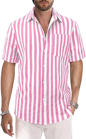 Photo 1 of YRW Men's Casual Short Sleeve Button Down Striped Shirt Regular Fit Beach Yoga Work Fashion Shirts for Men Medium