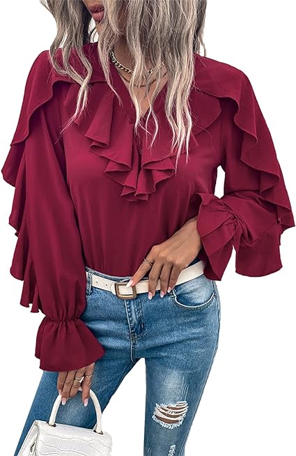 Photo 1 of FAPPAREL Women's Cowl Neckline Pleated Solid Color V Neck Blouse Red Flounce Long Sleeve Chiffon Work Shirt Large 