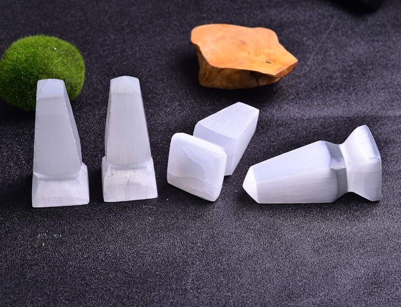 Photo 1 of JIC Gem 4pcs Selenite Tower 4 Inch Tall Skyscraper Selenite Crystals Point for Meditation, Healing, Reiki, Good Energy 