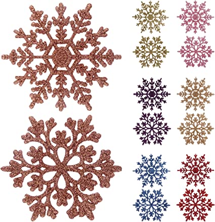 Photo 1 of 3.9"/38 Pieces Plastic Snowflake Ornaments Christmas Glitter Snowflakes Hanging Crafts for Christmas Tree Decorations (Rose Gold 01, 3.9in)
