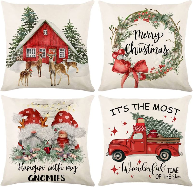 Photo 1 of ButyHome Christmas Pillow Covers 18x18 Buffalo Plaid Pillows with Trees Snowman Elf Decorative Holiday Throw for Sofa Couch Decorations Set of 4 (Sa18) 