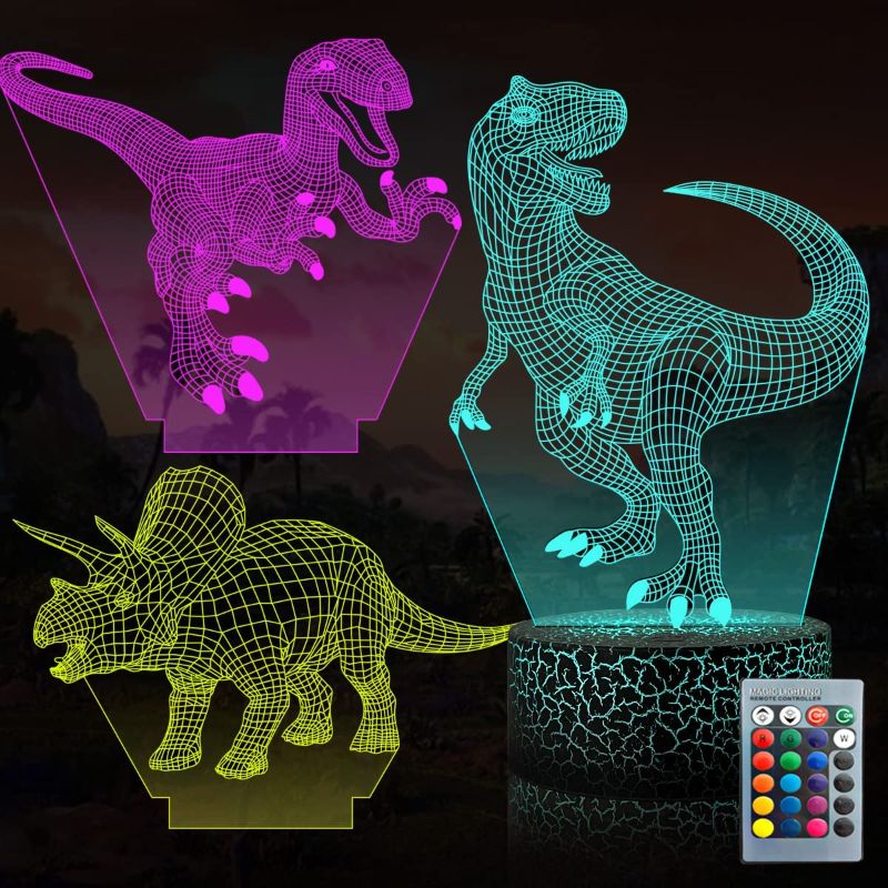 Photo 1 of 3D Dinosaur Led Night Light - Come with 3 Patterns Acrylic Plate,16 Colors Changing & Remote Control Dino 3D Illusion Lamp for Kids Room Decor 