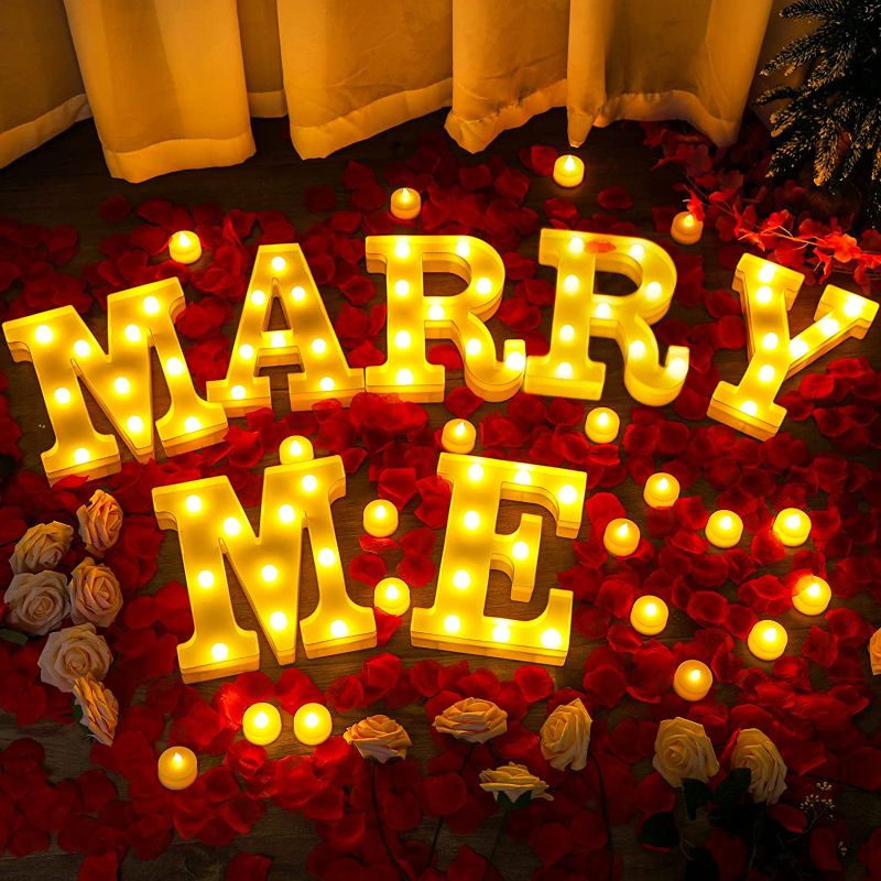 Photo 1 of 1031 Pcs Marry Me Sign LED Marry Me Lights Flameless Tealight Fake Candles Red Rose Petals Proposal Decorations for Romantic Night Valentine's Day Wedding Party (Warm White-Red)
