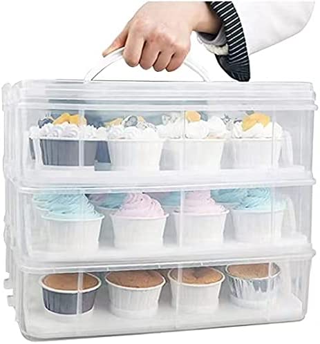 Photo 1 of 3 Tier Cupcake Carrier with Lid,Holds 36 Cupcakes or 3 Large Cakes Food Transporter Container with 3 Tier Stackable Layer Insert
