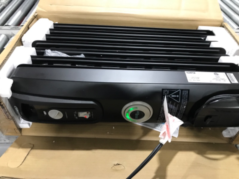 Photo 1 of **FOR PARTS ONLY** De'Longhi Comfort Temp Full Room Radiant Heater Full Room Quiet 1500W, Freestanding/Easy Install Wall Mount, Adjustable Thermostat, 2 Heat Settings, Black, HMP1500 Black Black Heater   --front casing wont stay on...