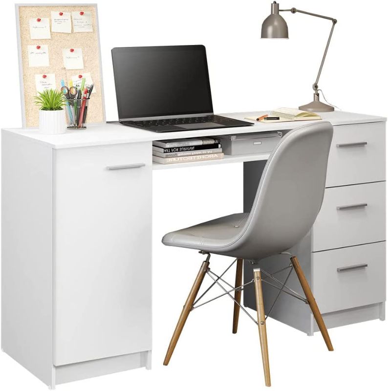 Photo 1 of MADESA Home Office Computer Desk with 3 Drawers, 1 Door and 1 Storage Shelf, Bureau de Travail, Wooden, 18" D x 53" W x 30" H - White
