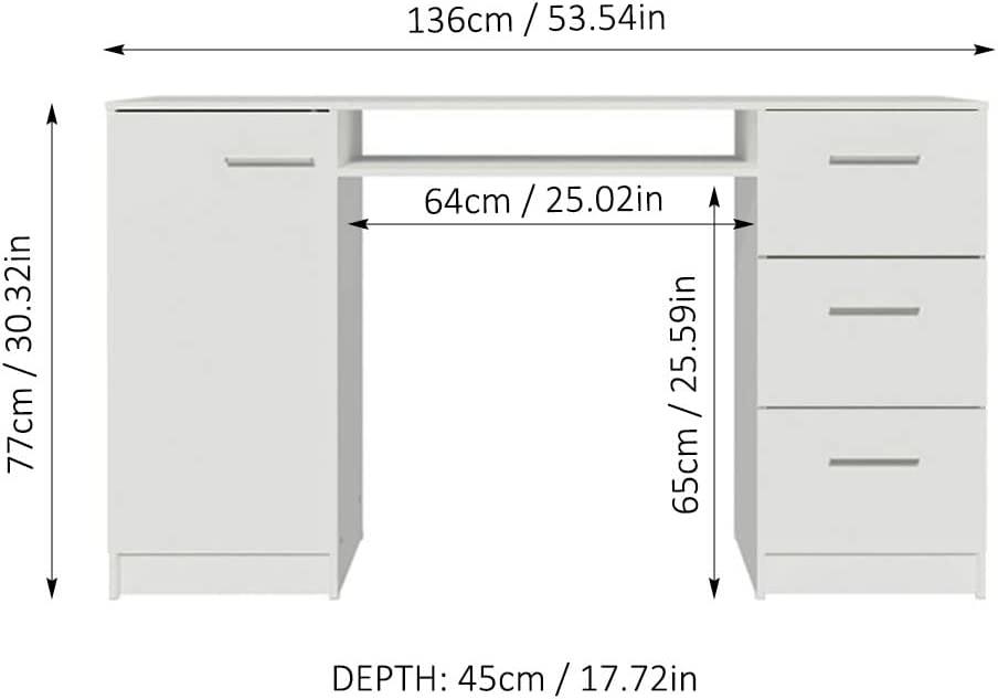 Photo 2 of MADESA Home Office Computer Desk with 3 Drawers, 1 Door and 1 Storage Shelf, Bureau de Travail, Wooden, 18" D x 53" W x 30" H - White
