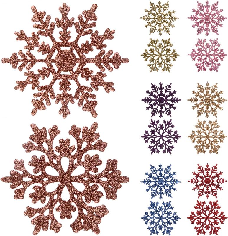 Photo 1 of 3.9"/38 Pieces Plastic Snowflake Ornaments Christmas Glitter Snowflakes Hanging Crafts for Christmas Tree Decorations (Rose Gold 01, 3.9in) 