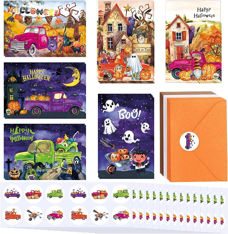 Photo 1 of 120 Sets Bulk Blank Halloween Cards with Envelopes Stickers Assortment 6 Designs of Watercolor Vintage Halloween Jack-O'-Lantern Ghost Pumpkin Greeting Cards Note Cards 4 x 6 for Halloween Fall Autumn