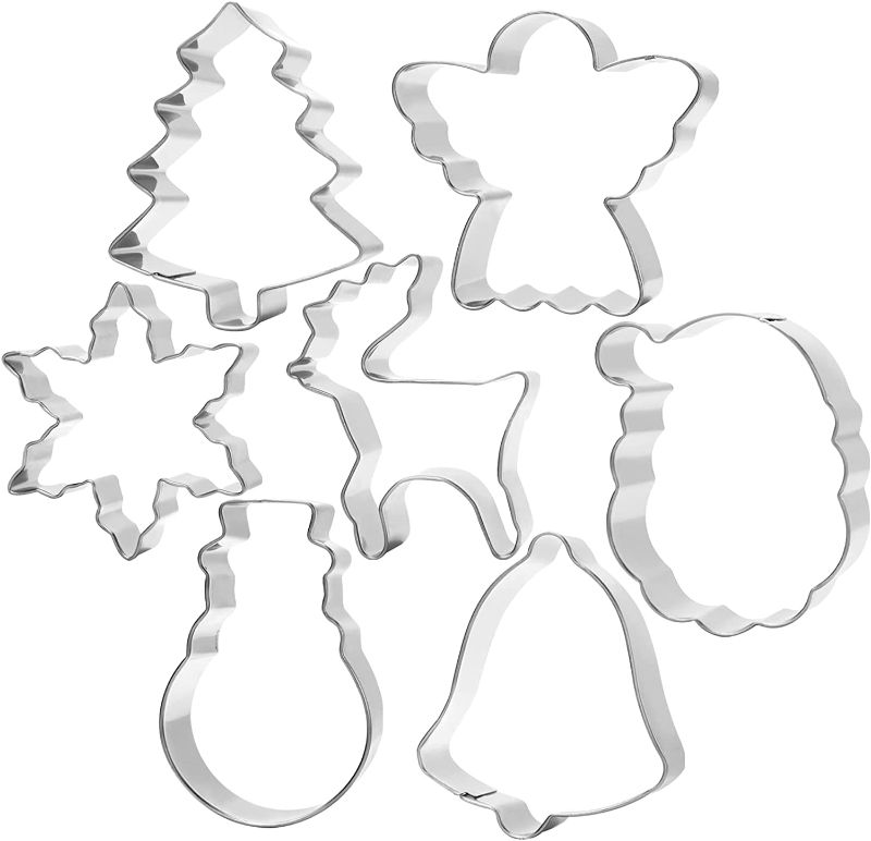 Photo 1 of Winter and Christmas Cookie Cutter Set 7 Piece with Santa,Snowman,Angel,Reindeer,Christmas Tree,Snowflake,Bell Cookie Fondant Biscuit Cutters for Baking,Sandwiches, and Pancakes 