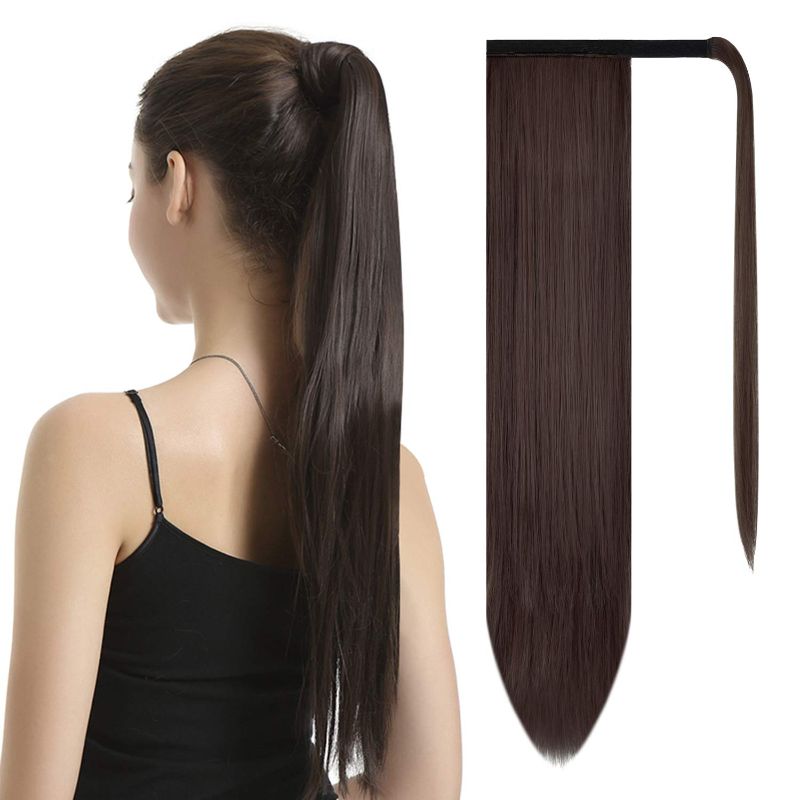 Photo 1 of BARSDAR 26 inch Ponytail Extension Long Straight Wrap Around Clip in Synthetic Fiber Hair for Women - Darkest Brown mix Dark Auburn Evenly 