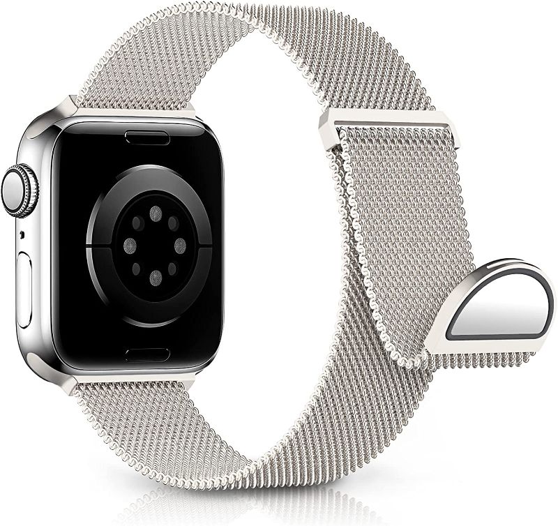 Photo 1 of KingofKings Replacement Strap Compatible with Apple Watch Band 38mm 40mm 41mm 42mm 44mm 45mm Women/Men Adjustable Magnetic Mesh Wristband for iWatch Series 8 7 6 SE 5 4 3 2 1, Stainless Steel Metal 