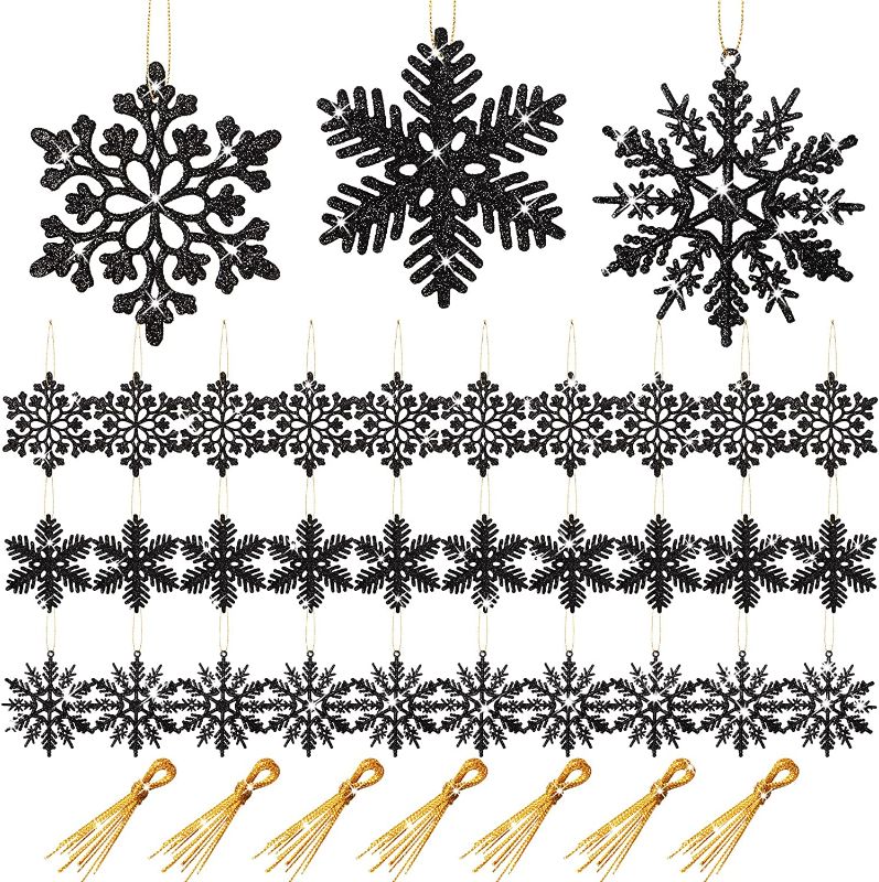 Photo 1 of 72 Pieces Christmas Glitter Snowflake Ornaments Plastic Snowflake Ornaments Winter Hanging Snowflake Decorations for Christmas Tree Party Outdoor Home Decorations (Black)
