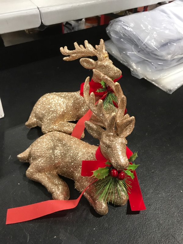 Photo 2 of 7.5" Christmas Reindeer Lying Deer Reindeer Sitting Reindeer Figurine Glitter Golden Lying Deer Holiday Decor Figurine Statue with Red Bow Knot Ornaments for Home Office Tabletop, 2 Pcs Champagne Gold
