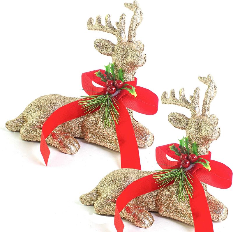 Photo 1 of 7.5" Christmas Reindeer Lying Deer Reindeer Sitting Reindeer Figurine Glitter Golden Lying Deer Holiday Decor Figurine Statue with Red Bow Knot Ornaments for Home Office Tabletop, 2 Pcs Champagne Gold
