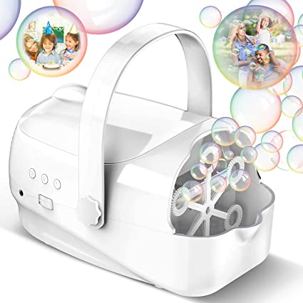 Photo 1 of Bubble Machine, 5000+ Bubbles Per Minute Automatic Bubble Blower Portable Bubble Maker Machine with 3 Speeds, Plugin & Battery Powered Bubble Machine for Kids Toddlers Birthday Party Wedding Outdoor
