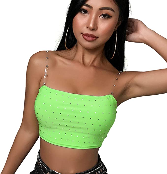 Photo 1 of Azigongyey Women's Sleeveless Spaghetti Strap Green Low Neck Cropped Top Summer Club Party Cami Tank Top
size s 