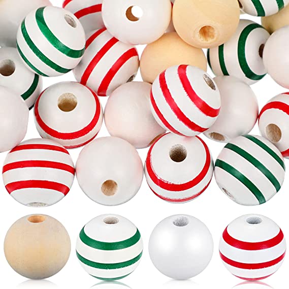 Photo 1 of 160 Pieces Christmas Wooden Beads Craft Wood Round Beads White Green Red Stripe Wood Beads Boho Farmhouse Natural Spacer Beads for Craft DIY Garland Christmas Tree Decor