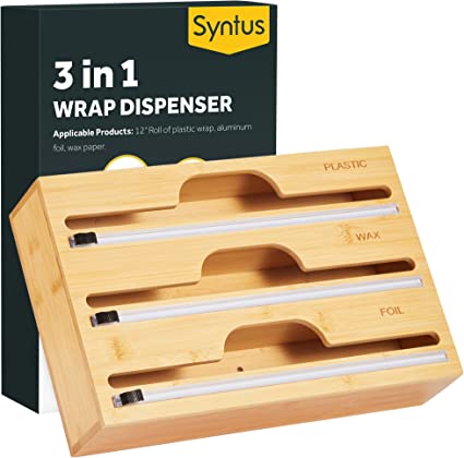 Photo 1 of  Syntus Foil and Plastic Wrap Organizer, 3 in 1 Wrap Dispenser with Cutter, Plastic Wrap, Aluminum Foil and Wax Paper Dispenser for Kitchen Drawer, Bamboo Roll Storage Organizer, Fits 12" Roll